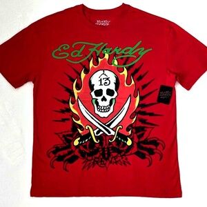 ED HARDY Men’s Red Skull T-Shirt Flame 13 Graphic Tee S NEW w/ Tags Rare Tattoo